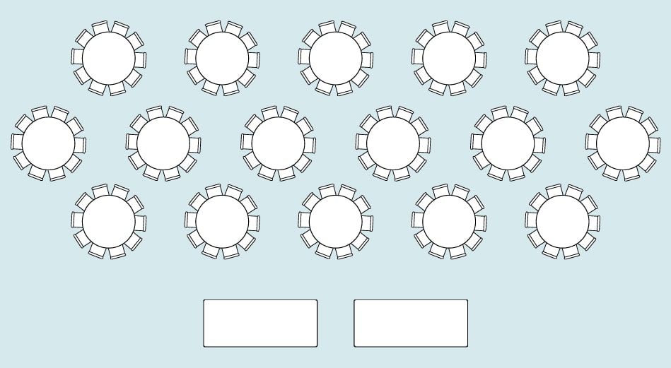 Configuración de banquete de mesa redonda: 16 mesas redondas con 8 a 10 sillas en cada mesa