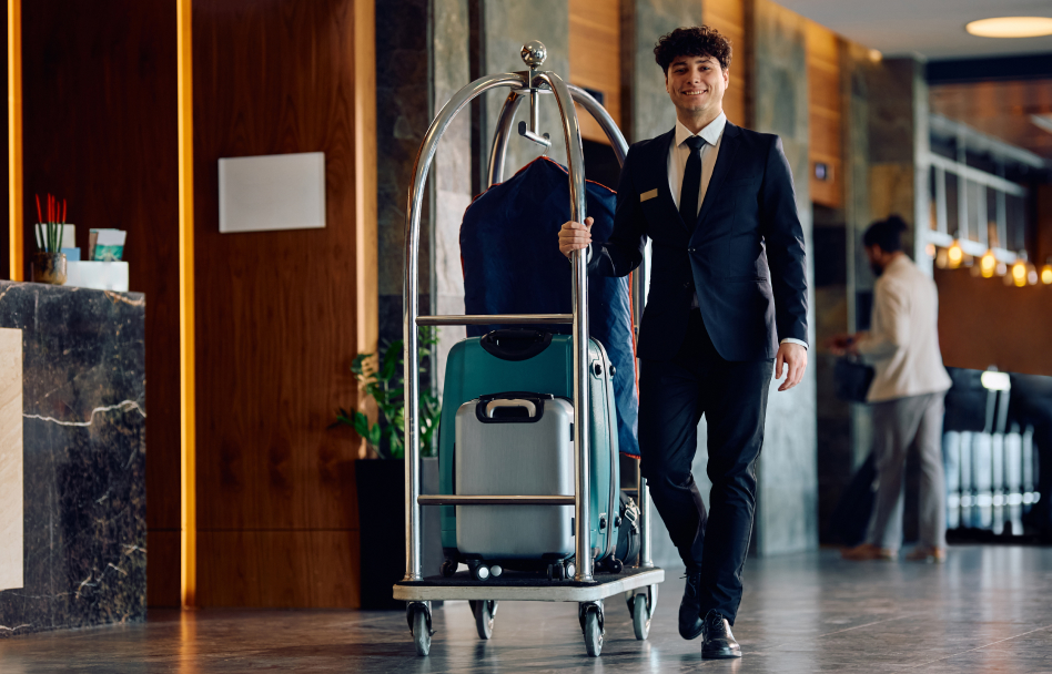 Hotel bellhop transporting luggage through lobby