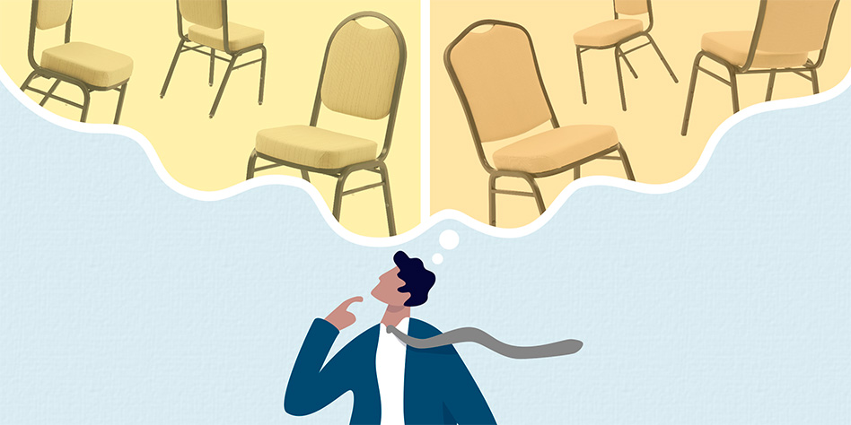 Illustration of a business person thinking about the Access and Classic chairs by MityLite